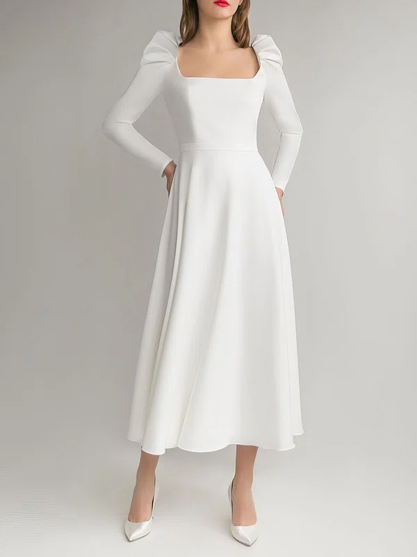 A-line Square Neckline Stretch Crepe Tea-length Wedding Dress #Milly00027618