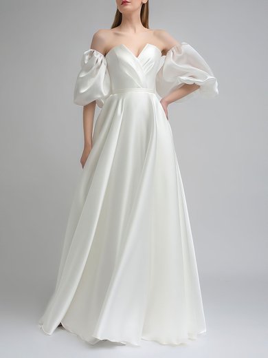 Ball Gown/Princess V-neck Satin Floor-length Wedding Dress With Ruched #Milly00027622