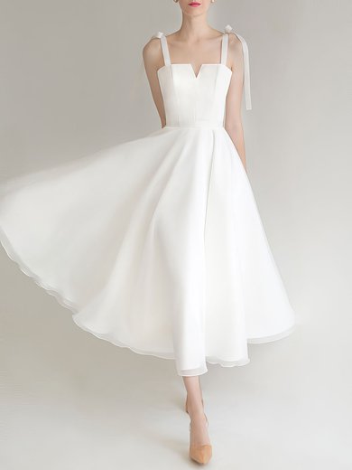 A-line V-neck Organza Tea-length Wedding Dress #Milly00027625