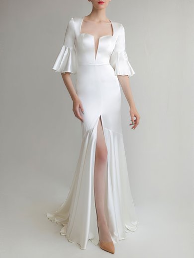 Trumpet/Mermaid V-neck Satin Sweep Train Wedding Dress With Split Front #Milly00027628