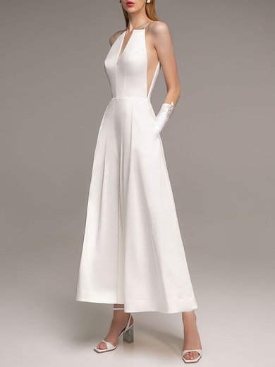 A-line V-neck Satin Ankle-length Wedding Dress #Milly00027629