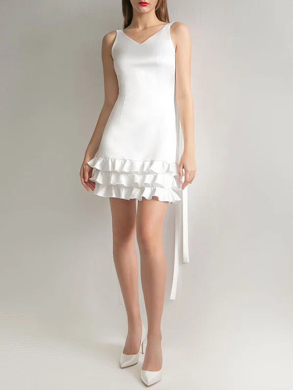 Sheath/Column V-neck Satin Short/Mini Wedding Dress With Ruffles #Milly00027631