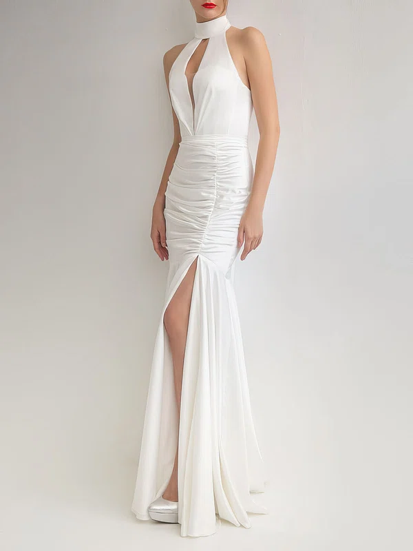 Trumpet/Mermaid Halter Satin Floor-length Wedding Dress With Ruched #Milly00027632