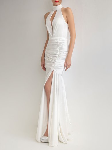 Trumpet/Mermaid Halter Satin Floor-length Wedding Dress With Ruched #Milly00027632