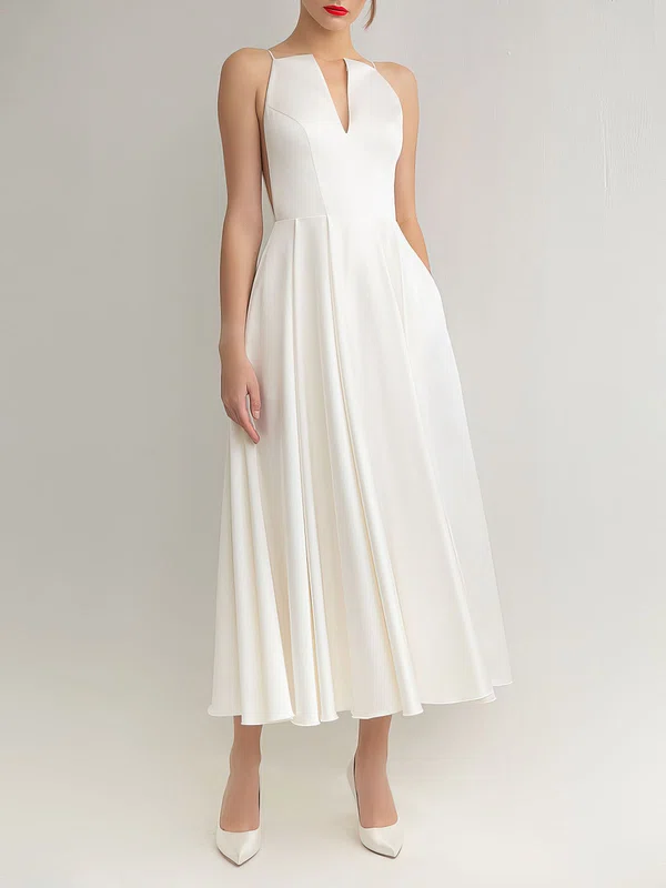 A-line V-neck Satin Tea-length Wedding Dress #Milly00027633