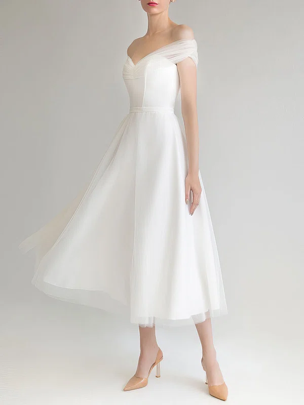 A-line Off-the-shoulder Tulle Tea-length Wedding Dress #Milly00027635