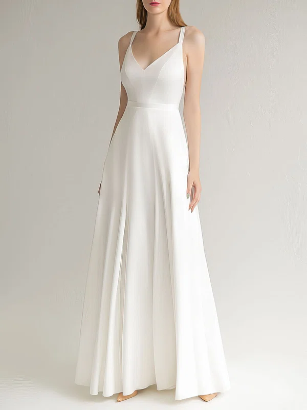 A-line V-neck Satin Floor-length Wedding Dress #Milly00027640