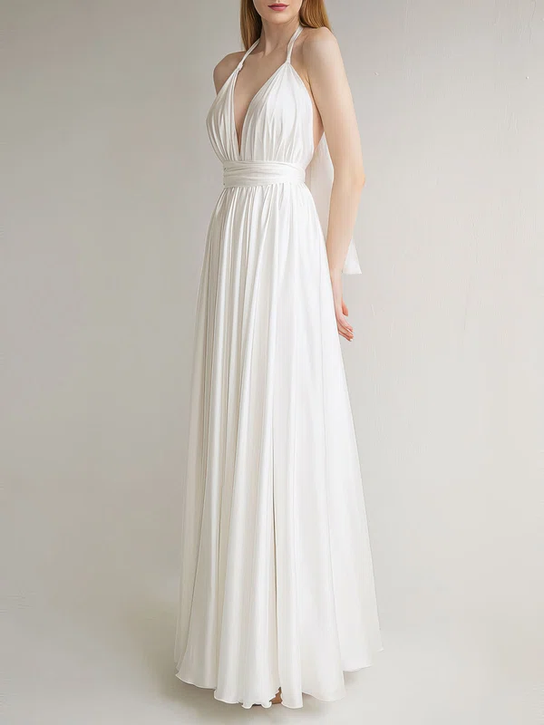 A-line Halter Chiffon Floor-length Wedding Dress With Split Front #Milly00027641