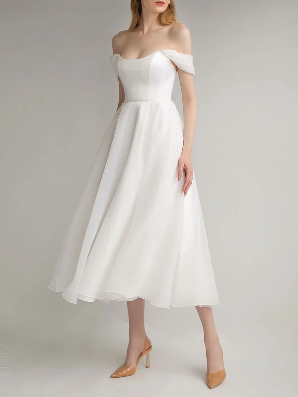 Ball Gown/Princess Off-the-shoulder Chiffon Tea-length Wedding Dress #Milly00027643