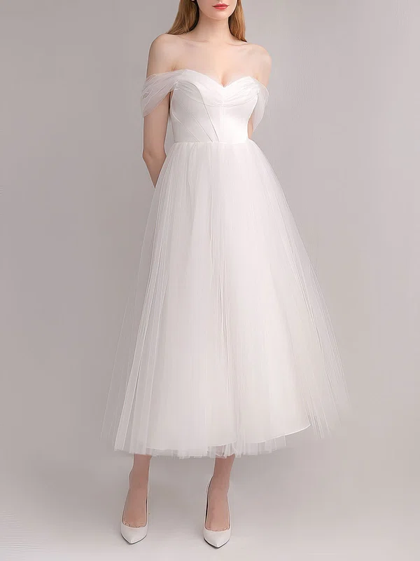 Ball Gown/Princess Off-the-shoulder Tulle Tea-length Wedding Dress #Milly00027644