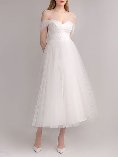 Ball Gown/Princess Off-the-shoulder Tulle Tea-length Wedding Dress #Milly00027644