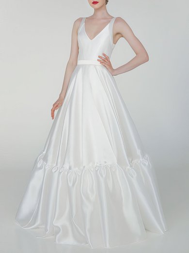 Ball Gown/Princess V-neck Satin Floor-length Wedding Dress With Ruffles #Milly00027645