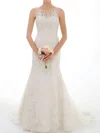 Ivory Lace Tulle Scoop Neck Appliques Lace Affordable Trumpet/Mermaid Wedding Dresses #00020547