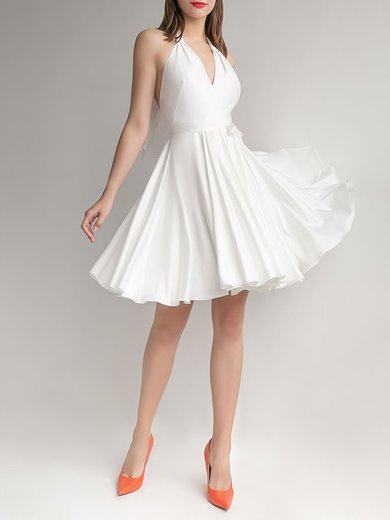 A-line Halter Satin Short/Mini Wedding Dress With Bow #Milly00027650