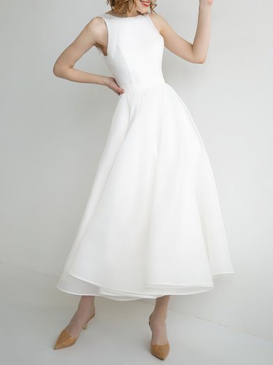 A-line Scoop Neck Chiffon Tea-length Wedding Dress #Milly00027657