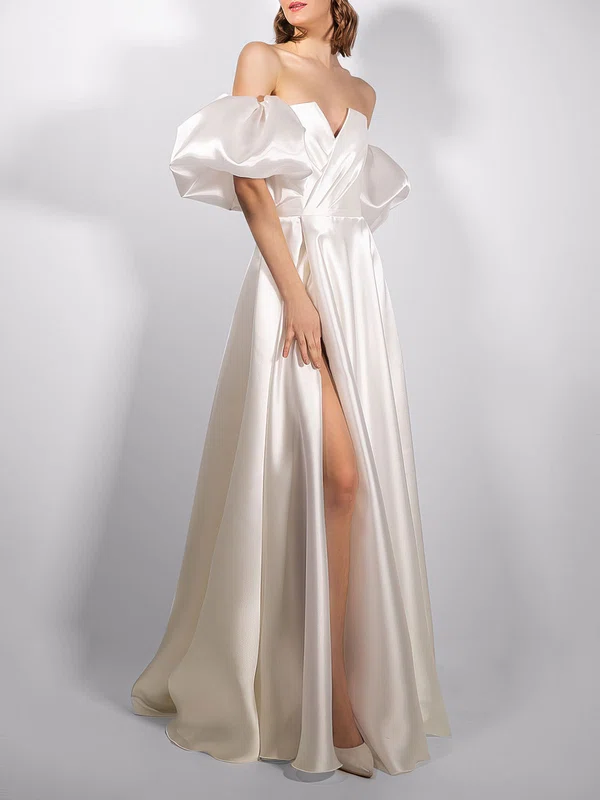 A-line Off-the-shoulder Satin Floor-length Wedding Dress With Split Front #Milly00027658