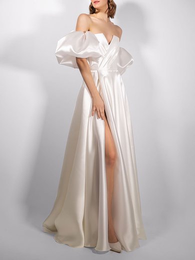 A-line Off-the-shoulder Satin Floor-length Wedding Dress With Split Front #Milly00027658