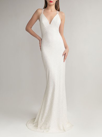 Sheath/Column V-neck Glitter Sweep Train Wedding Dress #Milly00027659