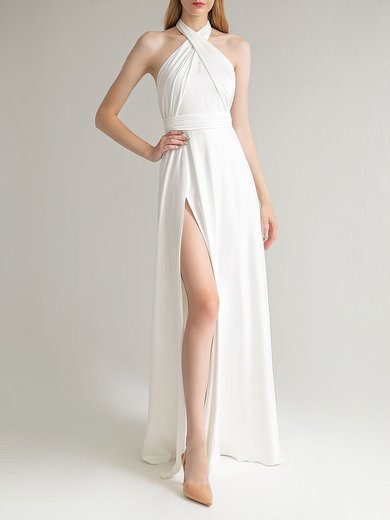 A-line Halter Satin Sweep Train Wedding Dress With Split Front #Milly00027663