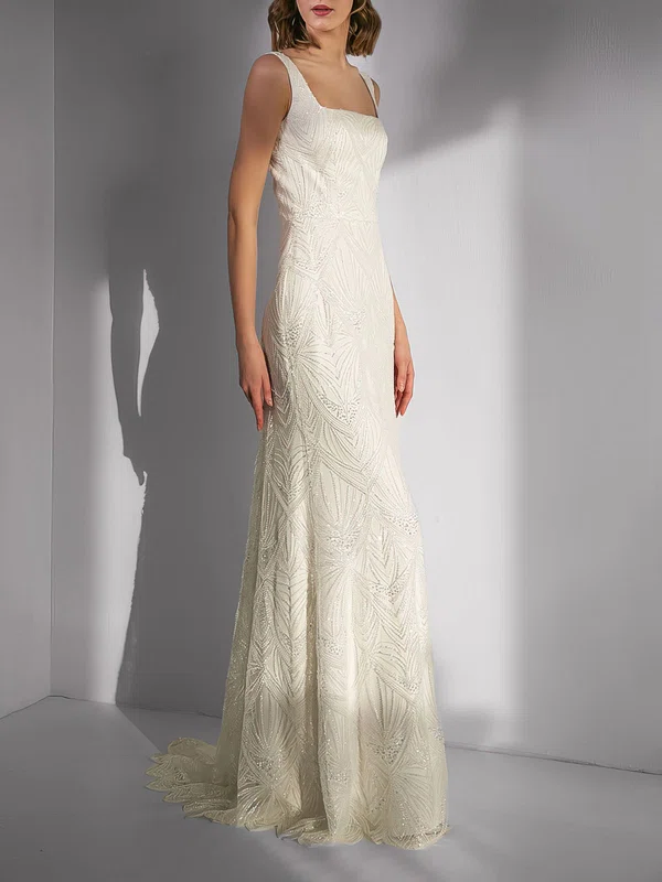 Sheath/Column Square Neckline Lace Floor-length Wedding Dress With Beading #Milly00027667