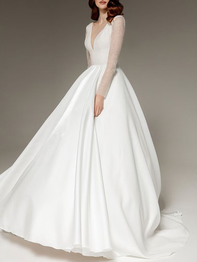 Ball Gown/Princess V-neck Satin Sweep Train Wedding Dress #Milly00027669