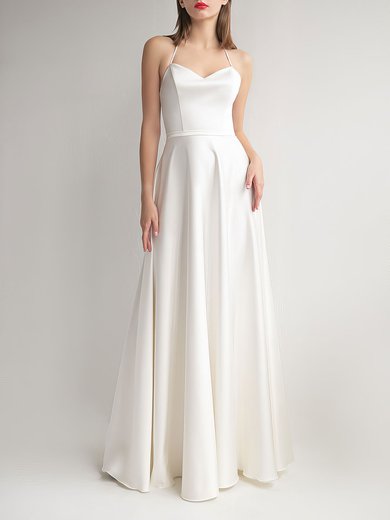 A-line Halter Satin Sweep Train Wedding Dress #Milly00027672