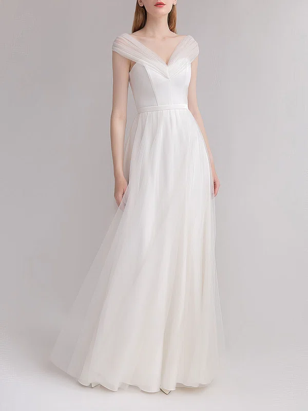 A-line V-neck Satin Tulle Floor-length Wedding Dress With Ruched #Milly00027679