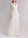 A-line V-neck Satin Tulle Floor-length Wedding Dress With Ruched #Milly00027679