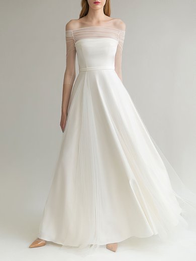 A-line Off-the-shoulder Tulle Floor-length Wedding Dress With Ruched #Milly00027680