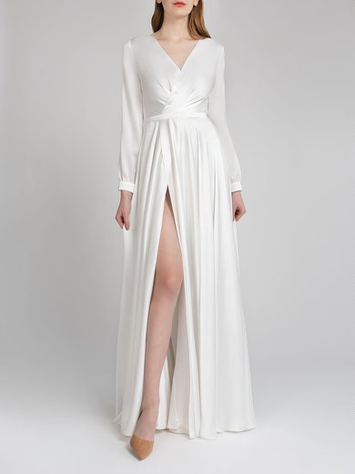 A-line V-neck Satin Floor-length Wedding Dress With Split Front #Milly00027684