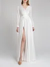 A-line V-neck Satin Floor-length Wedding Dress With Split Front #Milly00027684