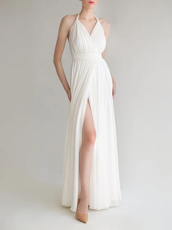 A-line Halter Chiffon Floor-length Wedding Dress With Ruched #Milly00027686