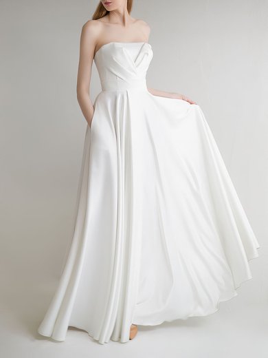 A-line Straight Satin Floor-length Wedding Dress With Ruched #Milly00027687