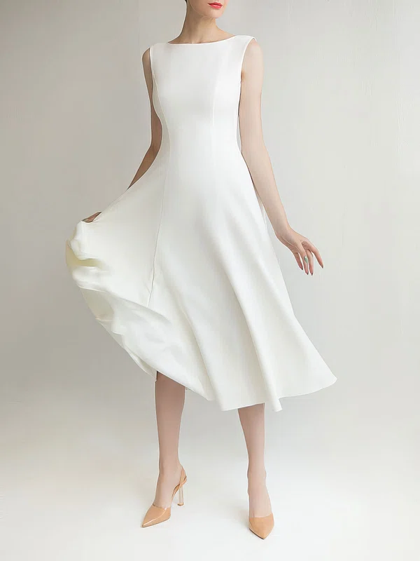 A-line Scoop Neck Satin Chiffon Tea-length Wedding Dress #Milly00027692