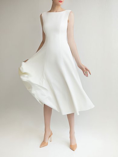 A-line Scoop Neck Satin Chiffon Tea-length Wedding Dress #Milly00027692