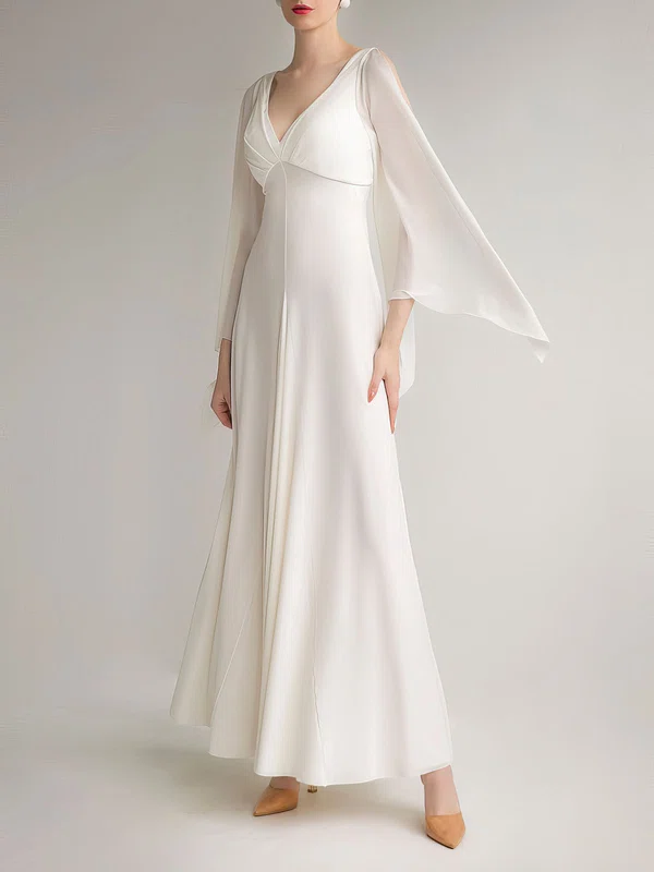 A-line V-neck Satin Chiffon Floor-length Wedding Dress #Milly00027693