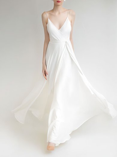 A-line V-neck Satin Floor-length Wedding Dress #Milly00027694