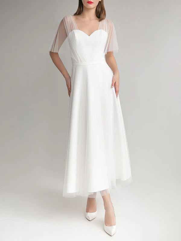 A-line Sweetheart Tulle Stretch Crepe Tea-length Wedding Dress #Milly00027700