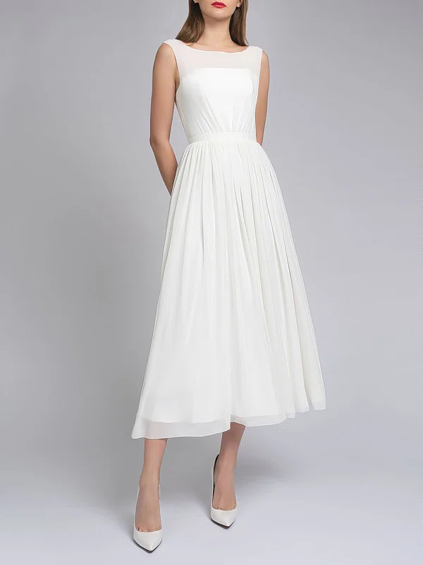 A-line Illusion Chiffon Tea-length Wedding Dress With Ruched #Milly00027704