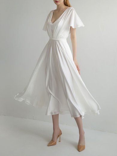 A-line V-neck Chiffon Tea-length Wedding Dress With Ruched #Milly00027705