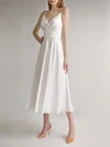 A-line V-neck Satin Tea-length Wedding Dress With Ruched #Milly00027706