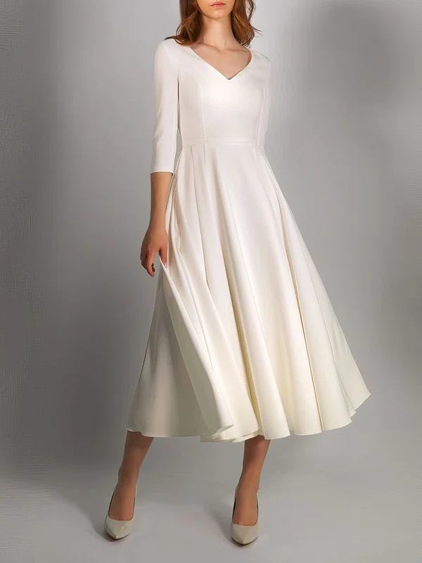 A-line V-neck Stretch Crepe Ankle-length Wedding Dress #Milly00027731