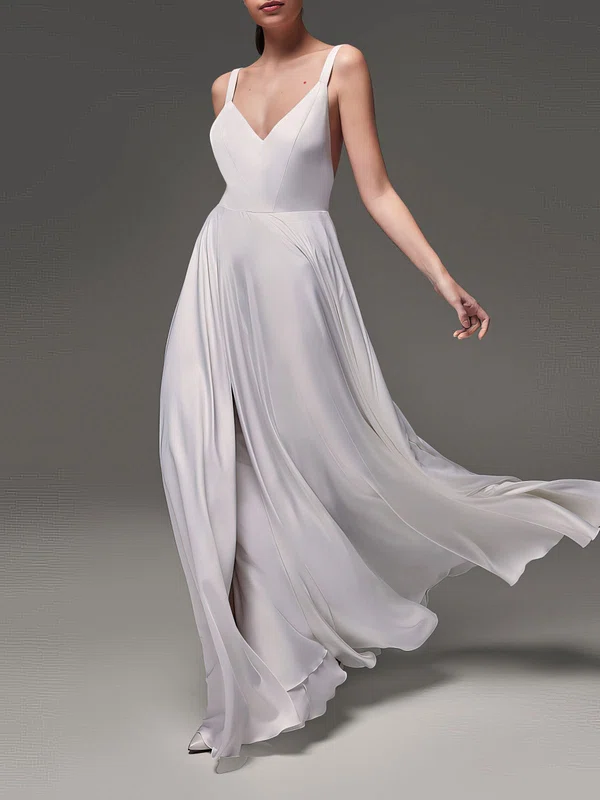 A-line V-neck Satin Chiffon Floor-length Wedding Dress With Split Front #Milly00027741