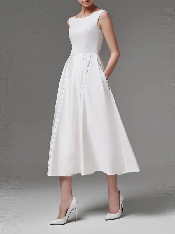 A-line Scoop Neck Satin Tea-length Wedding Dress #Milly00027744