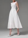 A-line Scoop Neck Satin Tea-length Wedding Dress #Milly00027744