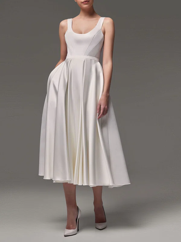 Ball Gown/Princess Scoop Neck Satin Tea-length Wedding Dress #Milly00027745