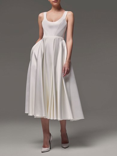 Ball Gown/Princess Scoop Neck Satin Tea-length Wedding Dress #Milly00027745