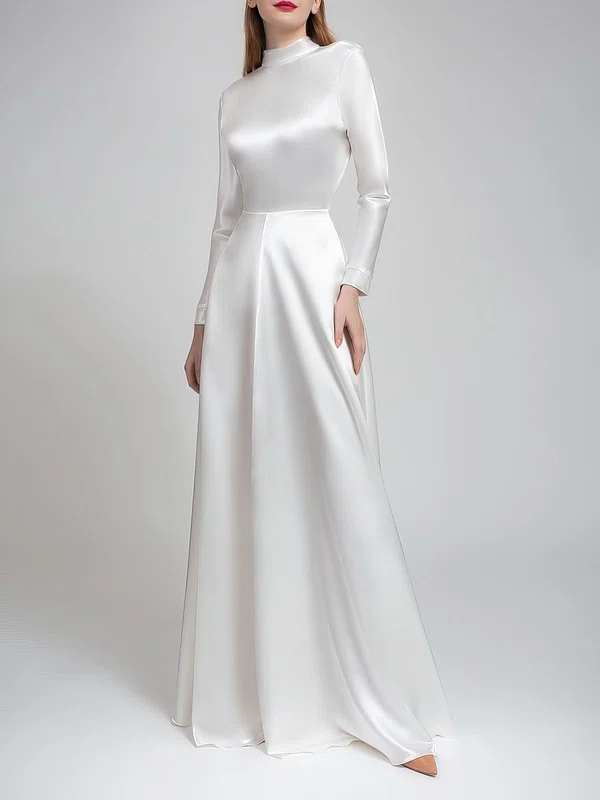 A-line High Neck Satin Floor-length Wedding Dress #Milly00027749