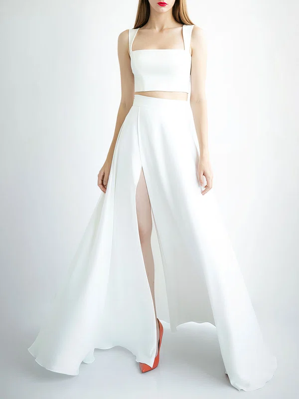 A-line Square Neckline Satin Floor-length Wedding Dress With Split Front #Milly00027755