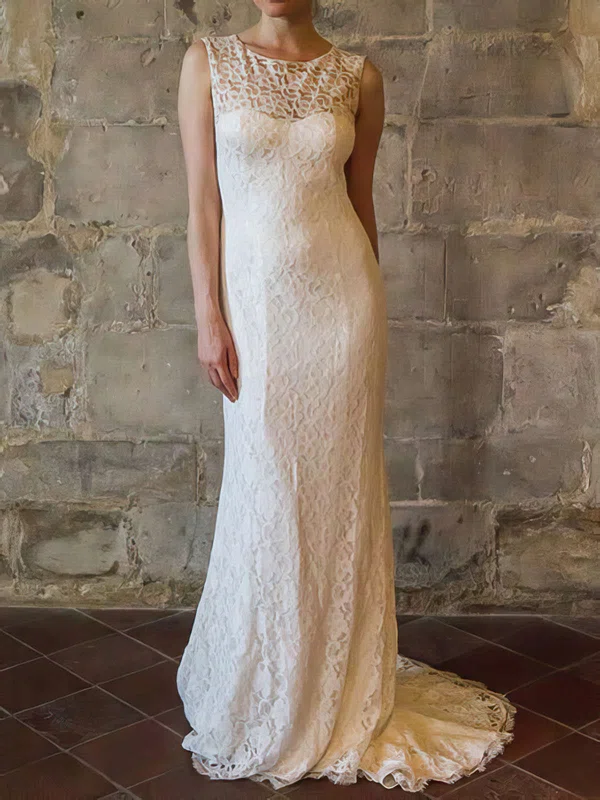 Sheath/Column Illusion Lace Sweep Train Wedding Dresses #00020558